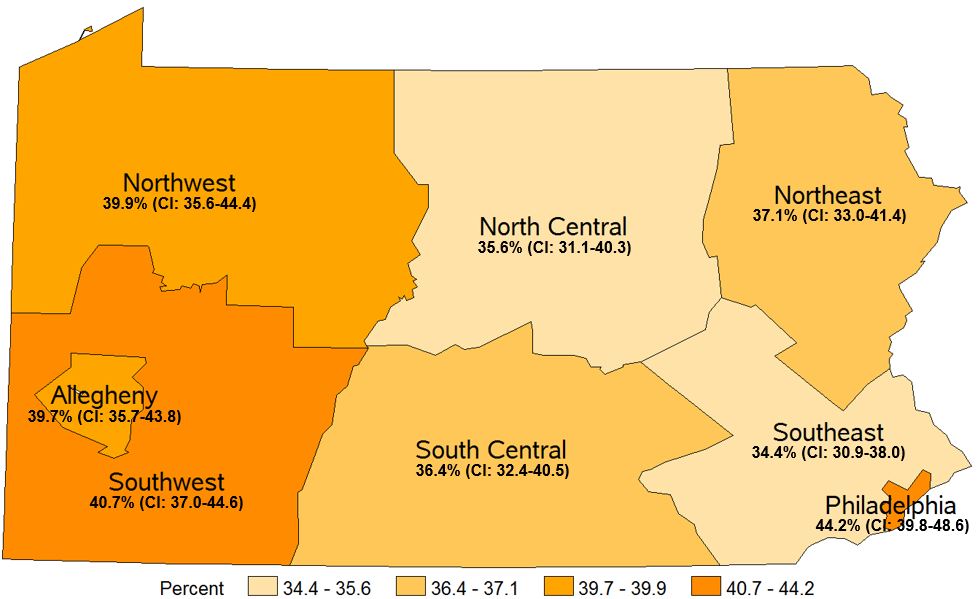 Average 6 or Fewer Hours of Sleep in a 24-Hour Period, Pennsylvania Health Districts, 2016